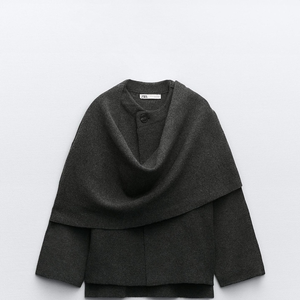 Zara Women's Grey Crop Knit Coat with Asymmetrical Scarf